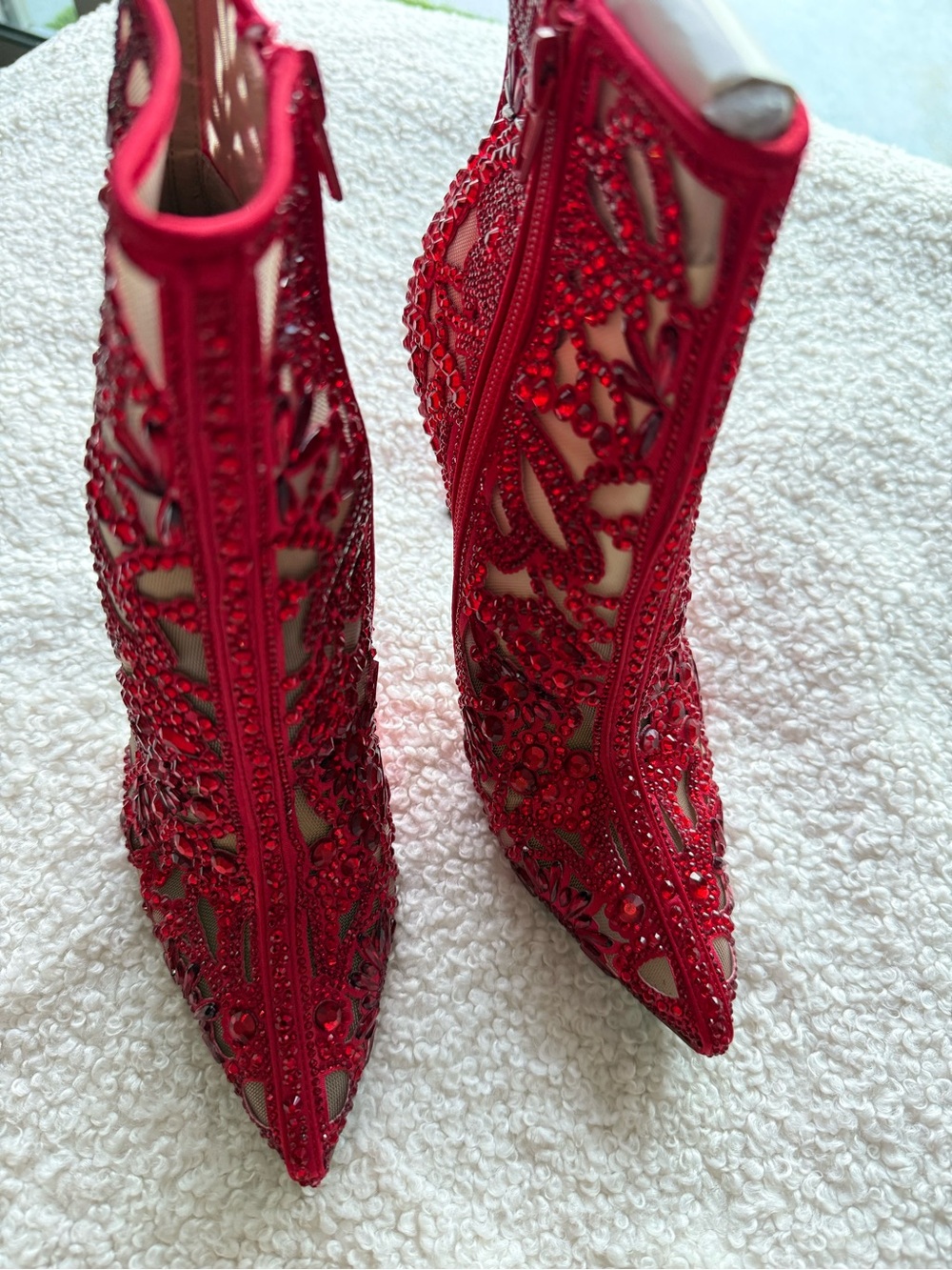 Betsey Johnson Red Embellished Lace Pointed-Toe Stiletto Ankle Boots - Picture 11 of 16